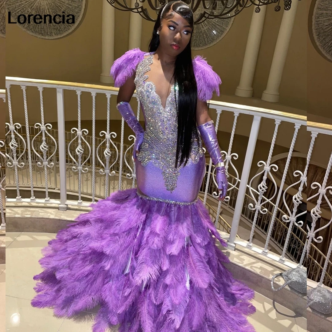 Lorencia Sexy Purple Feathers Mermaid Prom Dress For Black Girls Silver Crystal Beaded Party Gala Gown Vestidos De Festa YPD121