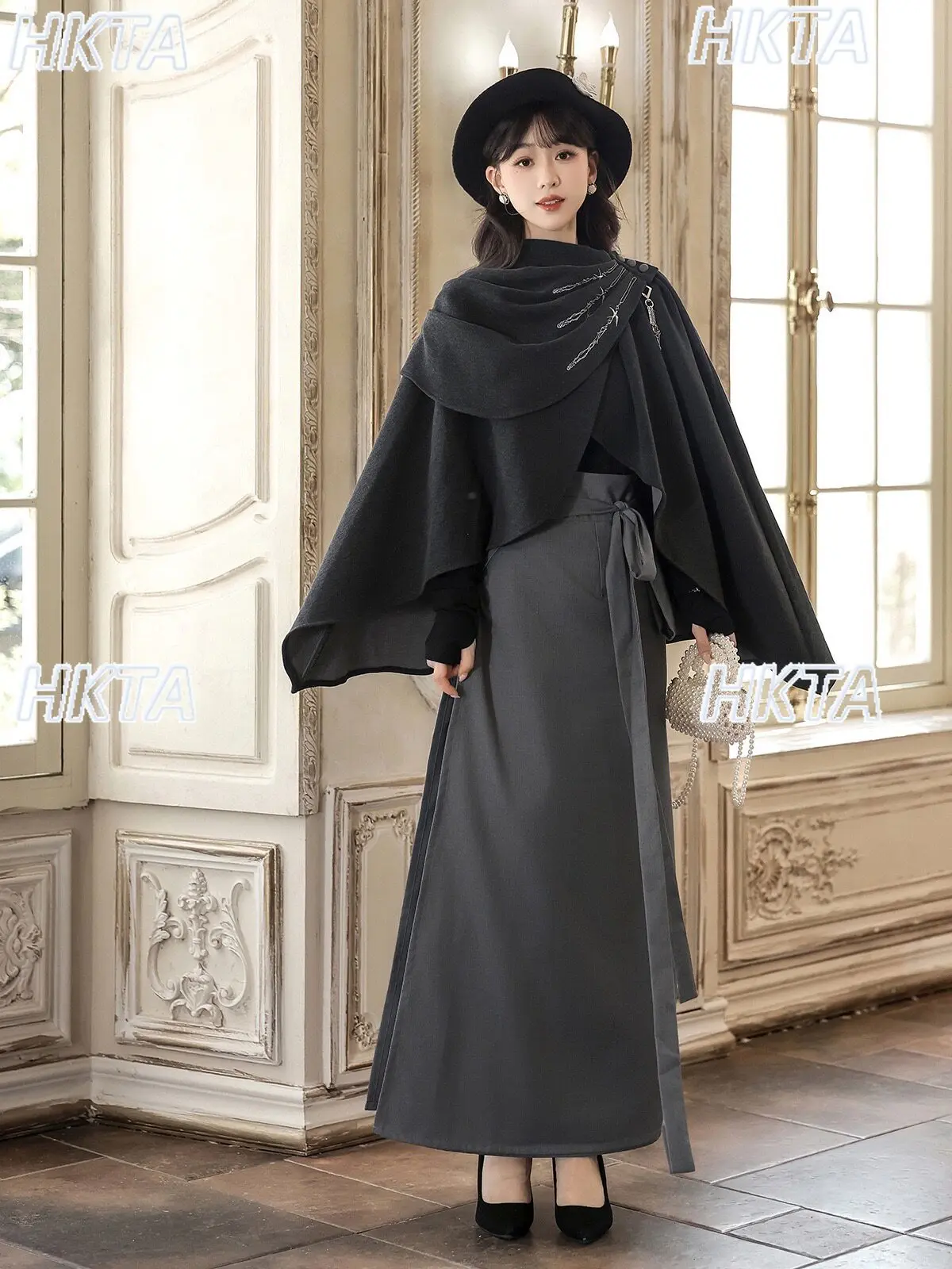 New Chinese Autumn Suit Ladies Retro Elegant Temperament Ruffle Edge Woolen Cloak Black Coat Slim Knitted Top A Line Skirt Women