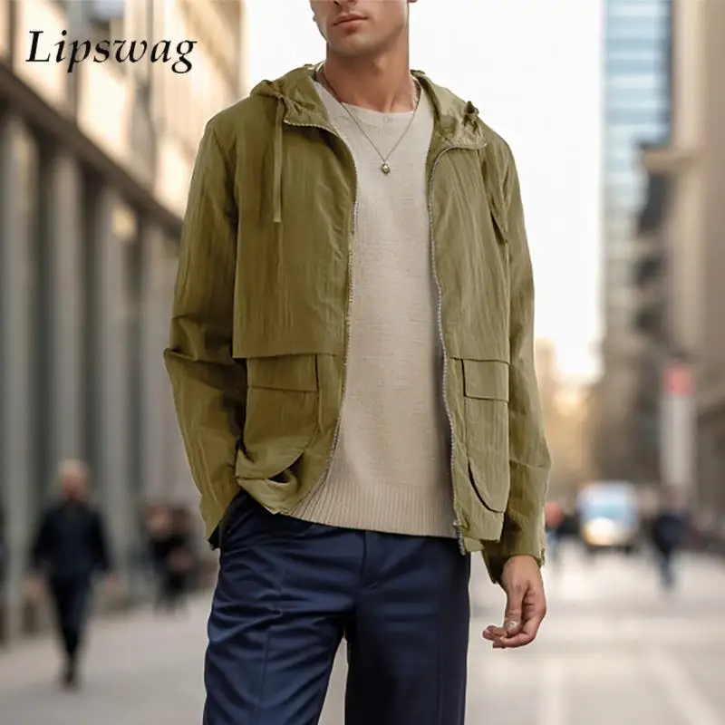 Streetwear Mens Sunproof Hooded Cardigan Autumn Vintage Solid Color Pockets Zipper Jackets For Men Casual Long Sleeve Outerwear