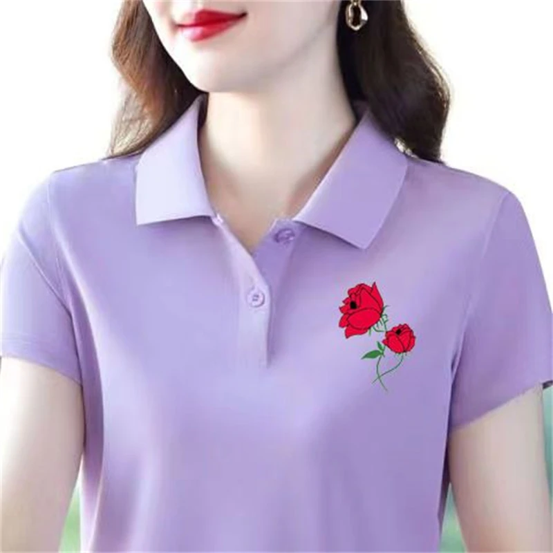 Women Fashion Short Sleeve Floral Print Tees Elegant Polo Collar T-shirt 2024 Summer Casual Slim Button Basic Tops Ropa De Mujer