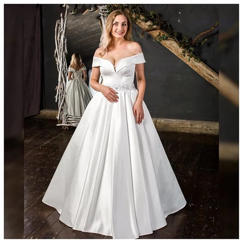 

ANGELSBRIDEP Beaded Off-Shoulder Wedding Dresses Vestido De Noiva Deep V-Neck Satin Floor-Length Formal Bride Dresses Plus Size