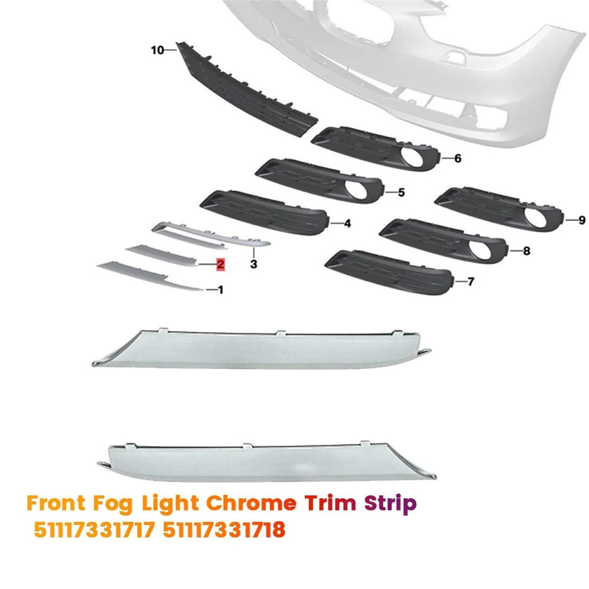 

1Pair Front Bumper Fog Light Frame Trim 51117331717 51117331718 for BMW 5 Series F07 2014-2017 Outside Grille Strip