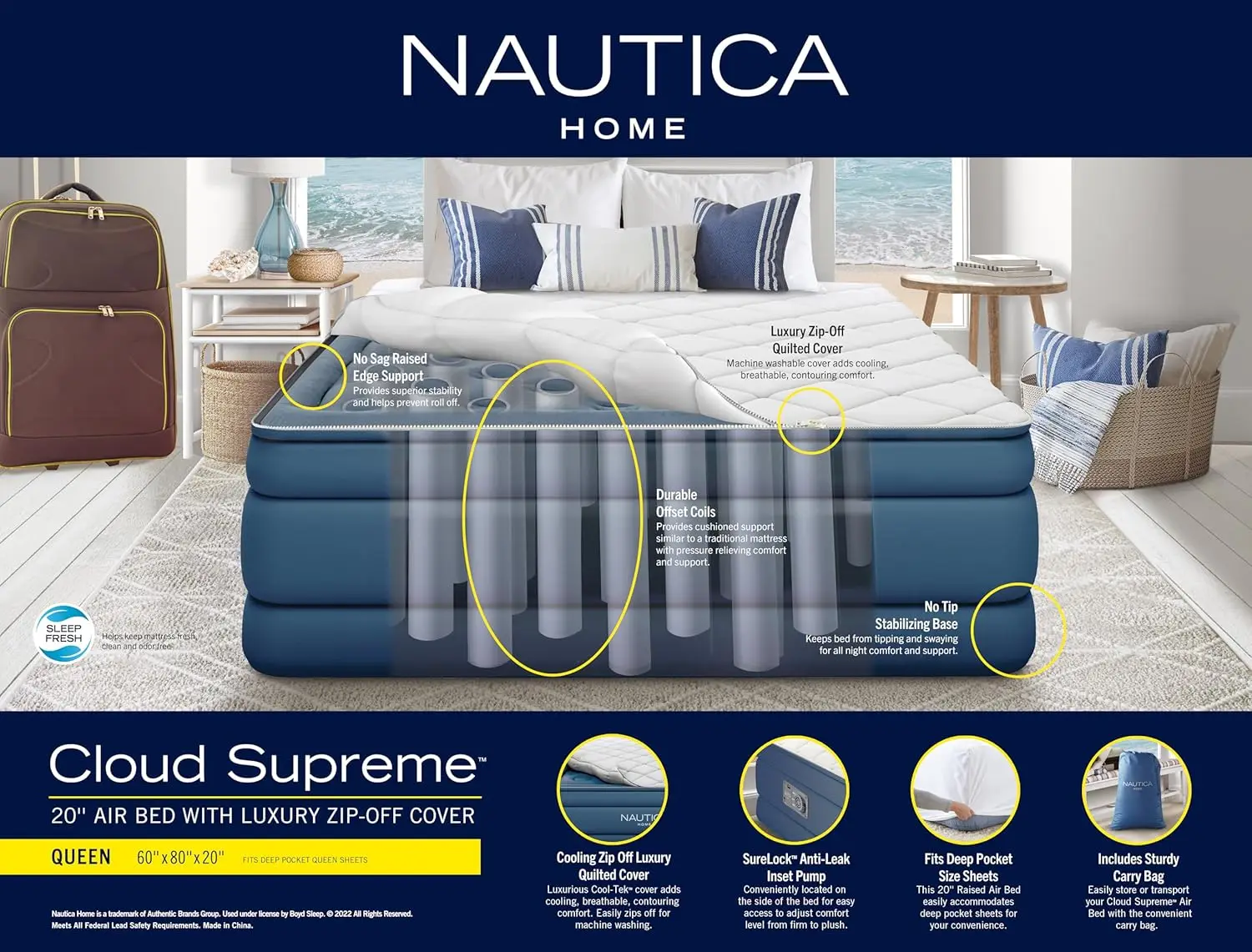 Cloud Supreme Air Mattress with Zip-Off Pillowtop, Built-in Pump, Quick 2-Minute Inflation,Queen Size, Perfect for Guests, Trave