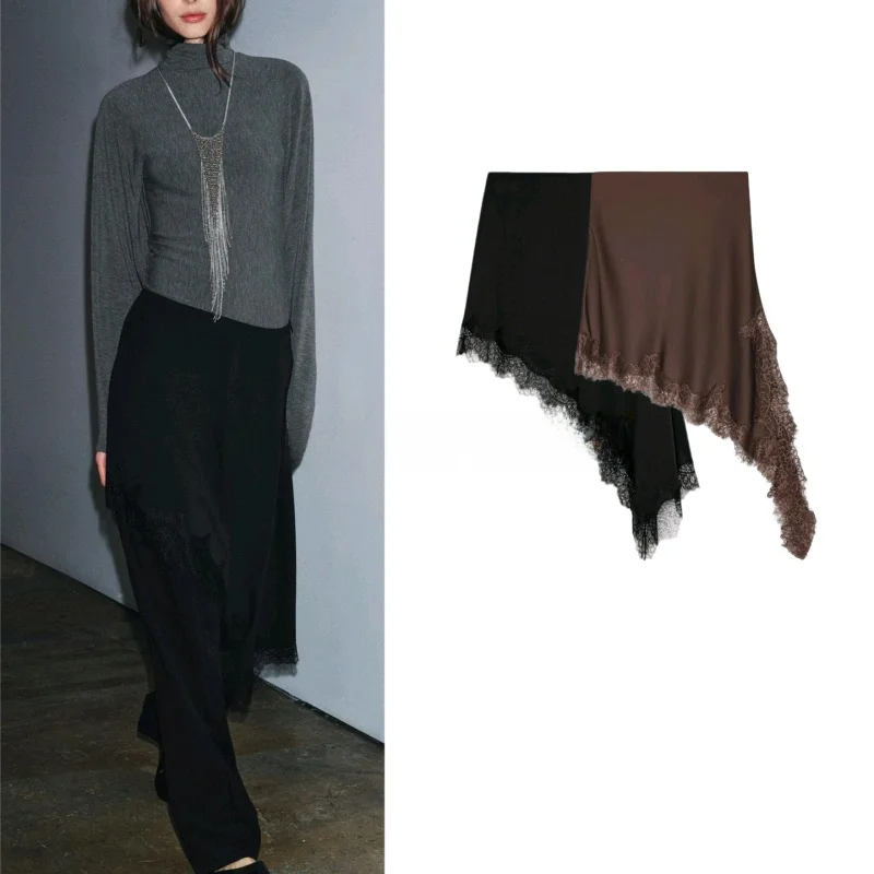 

Casual Sle Asymmetric ort Skirt Women's mid Waist Lace Trim f Body New Arrival Polyester Fiber Ci Commute Suitable
