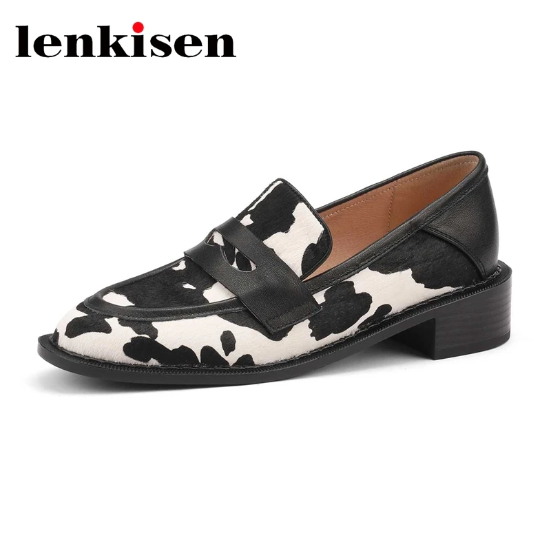 Lenkisen Horse Hair Round Toe Med Heel Patchwork Special Design High Street Fashion Beauty Girls Dating Slip On Women Pumps L87