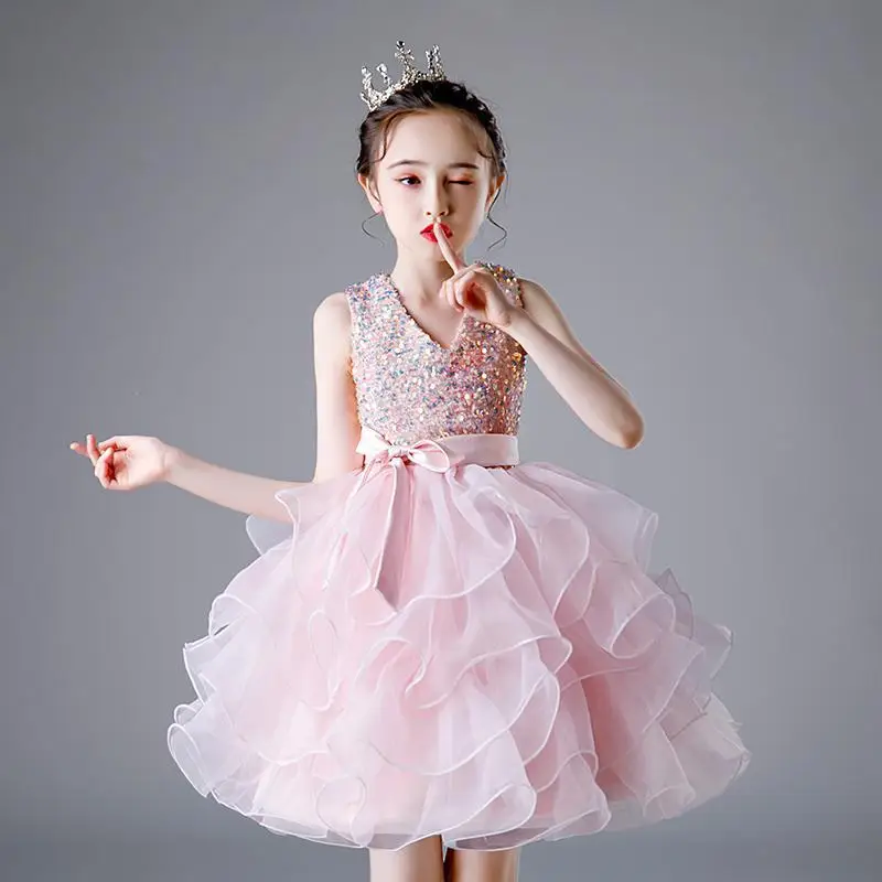 

New Sequin Girl Tutu Dress Evening Gown Kids Cake Dresses Boutique Youth Girls Clothing for Wedding Bridesmaid Host Costume 10T