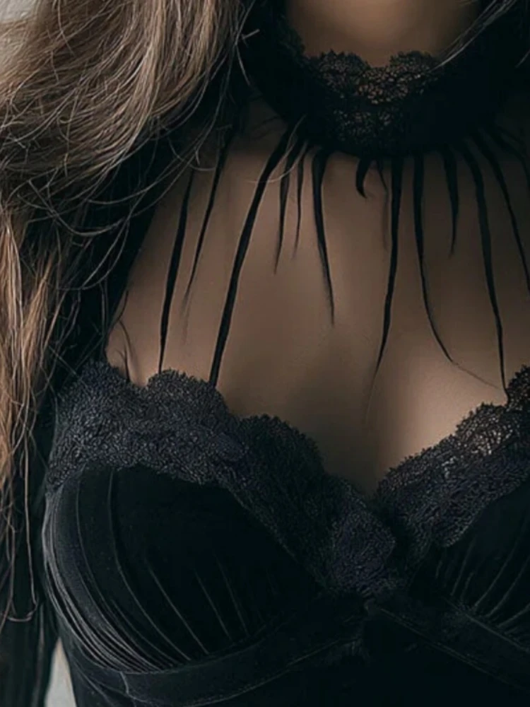 النمط الفرنسي قمصان سوداء أنيقة الدانتيل المرقعة المخملية النساء البلوزات أوائل الربيع جديد التخسيس كم طويل الأعلى