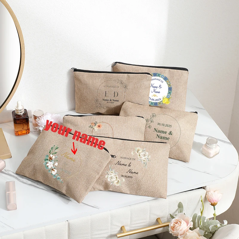

Personalized Name Boho Flowers Garland Jute Zipper Cosmetic Makeup Bag Travel Organizer Women Wedding Guest Best Bridesmaid Gift