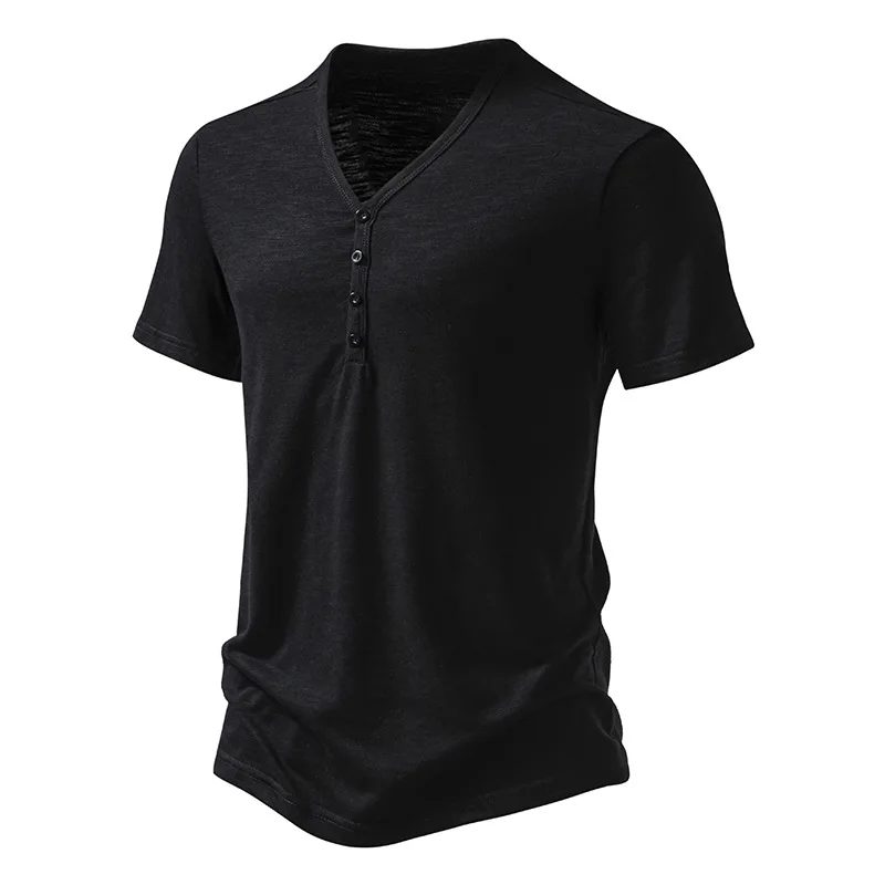 2026 Herren V-Ausschnitt Bambusfaser T-Shirt Mittelstreifen 4-Knopf Kurzarm Eng Anliegend Atmungsaktiv Lässig Sommer Alltags-Oberteil – Detail 10