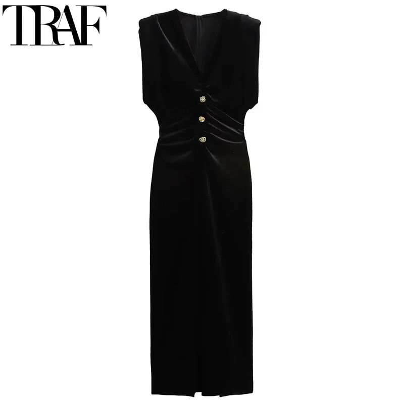 Traf vestido feminino sem mangas preto vestidos femininos botão veludo midi vestido mulher outono ruched vestido de festa elegante vestidos longos
