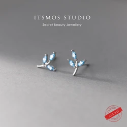 ITSMOS s925 Sterling Silver Earrings Simple CZ Blue Pave Diamond Leaf Studs INS Piercing Elegant Jewelry for Women Gift