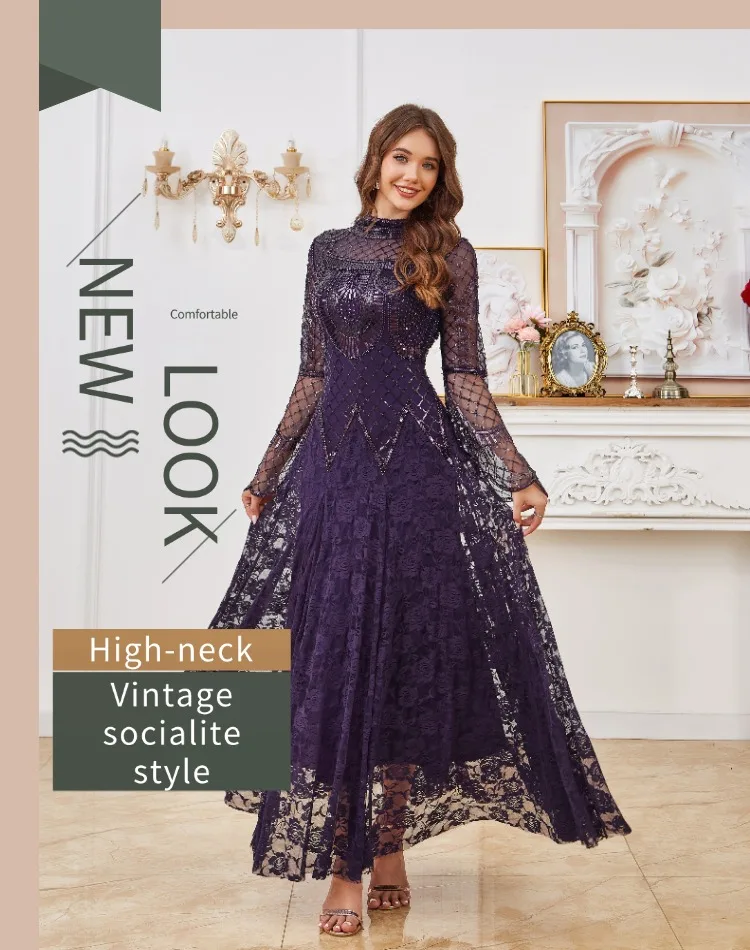 

MISICHAO Purple Lace Sequins Beaded Maxi Evening Dress Women's High Neck Long Sleeve Formal Evening Party Prom Gown
