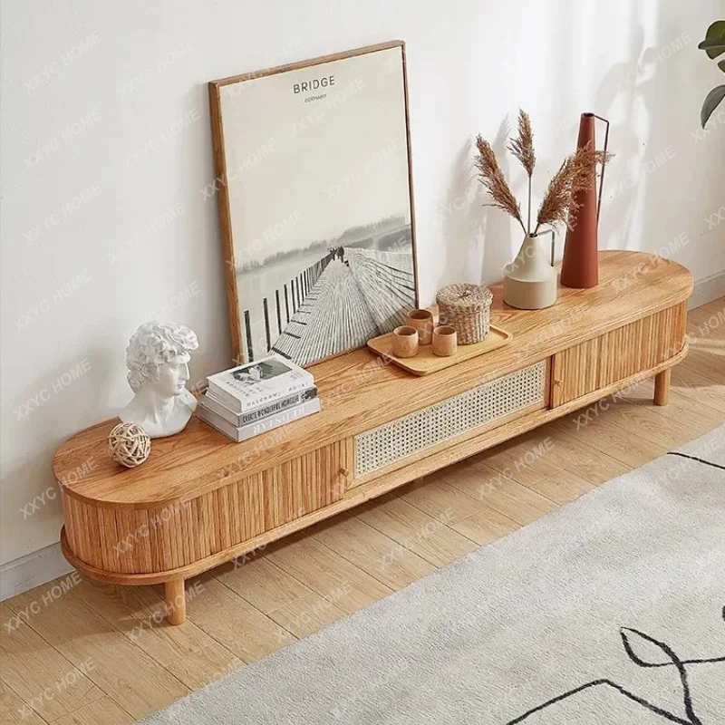 XXmodern solid wood TV cabinet Japanese simple rattan log homestay floor storage cabinet