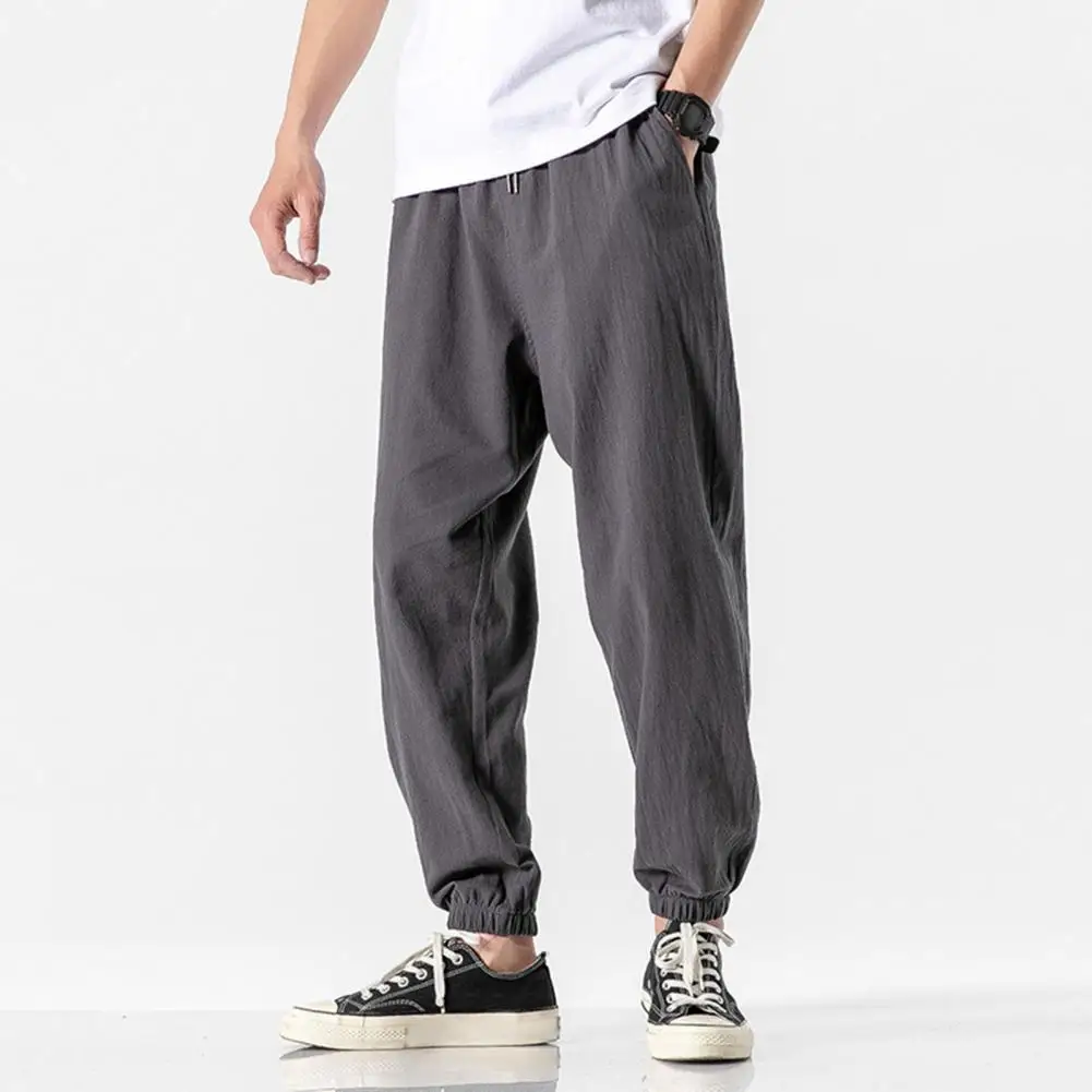 Men Casual Trousers Retro Men's Ninth Pants with Side Pockets Drawstring Waist Solid Color Gym Training Sweatpants for Jogging