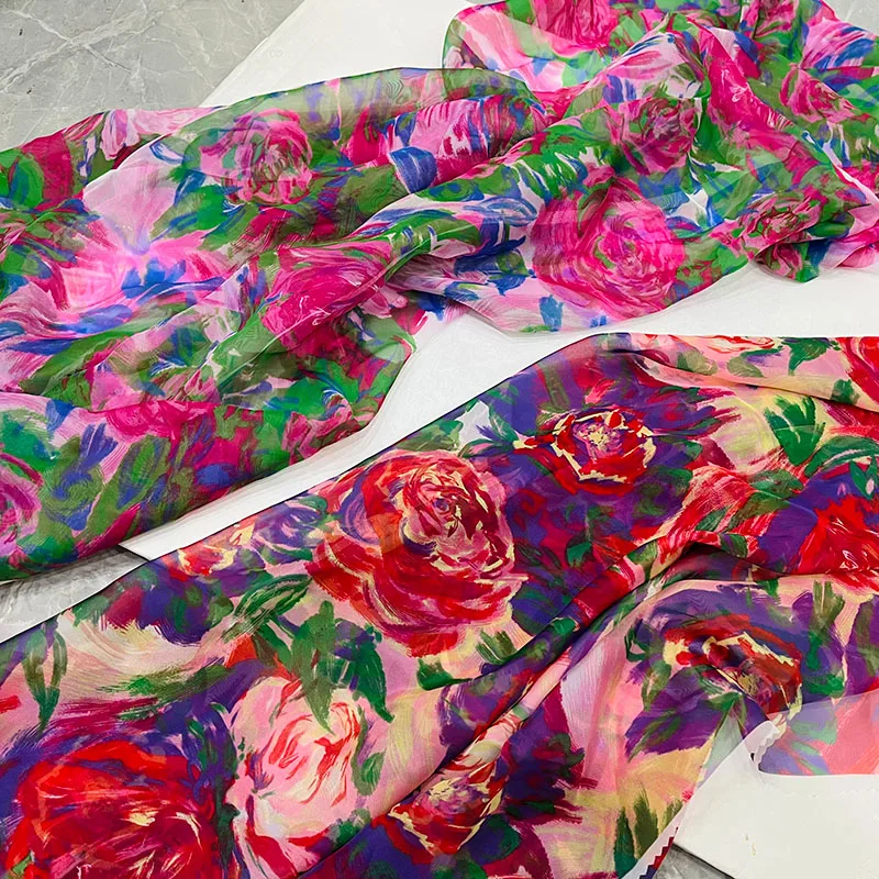 Flower Printed Summer Thin Chiffon Fabric Perspective Soft Draping for Dress Wholesal Cloth by Meters for Sewing Diy Material