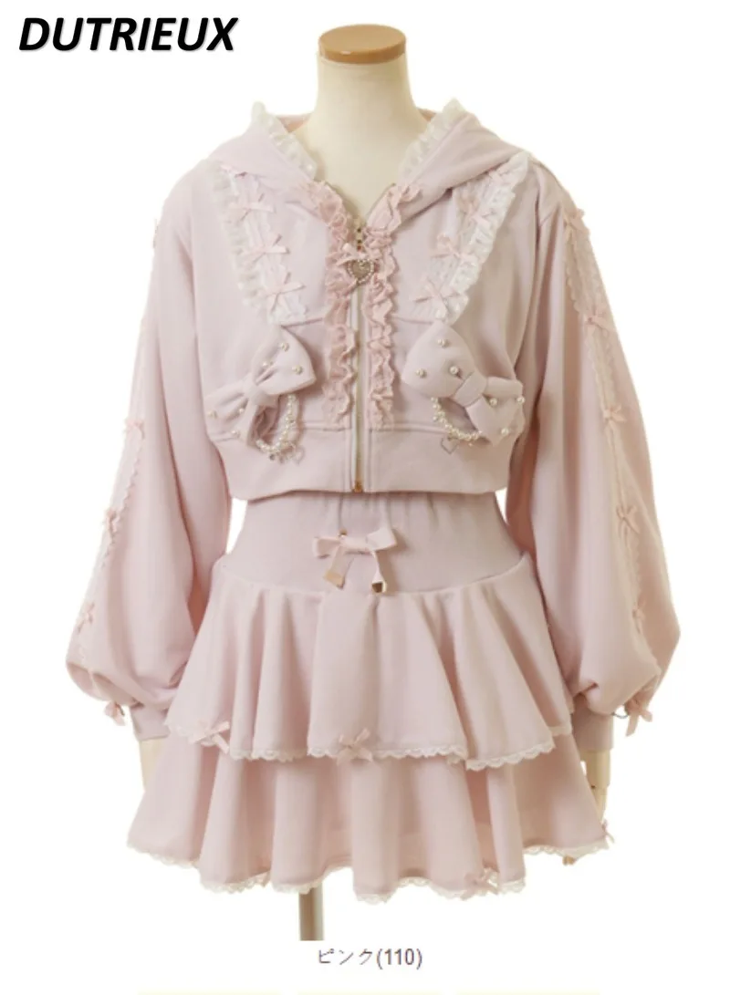 

Japanese Heavy Industry Lolita Sweet Suit Long-sleeved Hoodie and High-waisted Short Skirts Exquisite Cute Two Piece Set