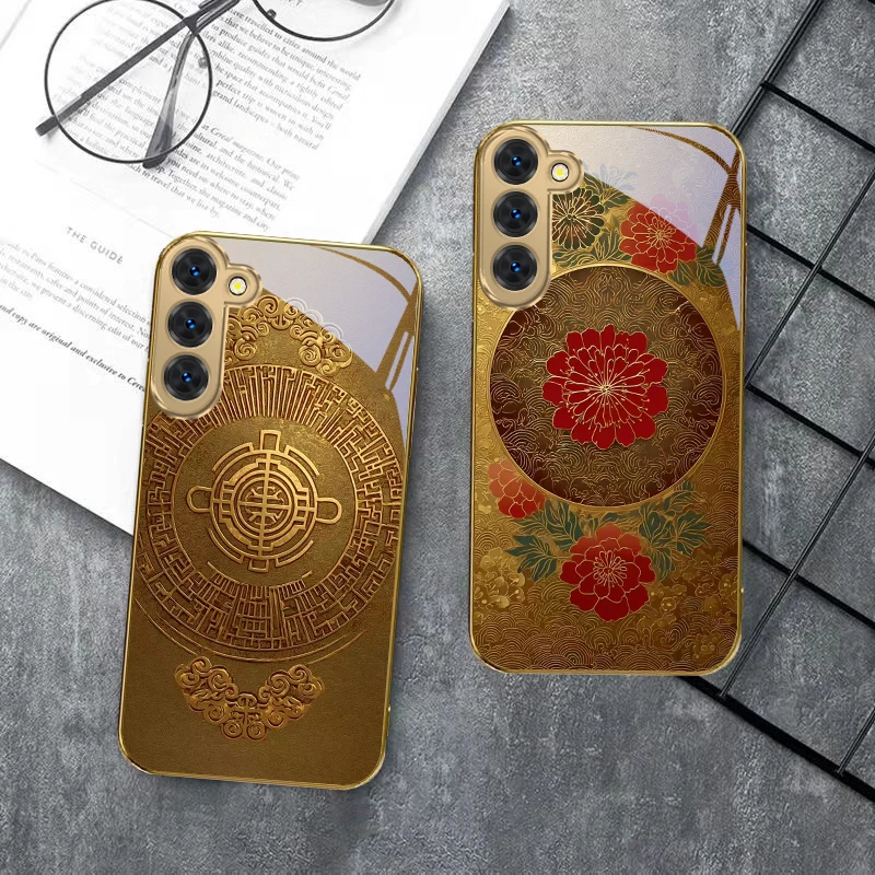 삼성 갤럭시 S20 FE S21 S22 S23 플러스 S24 울트라 25울트라 S21+ S9+ S22플러스 금색 유리 폰 케이스의 길조 있는 의미