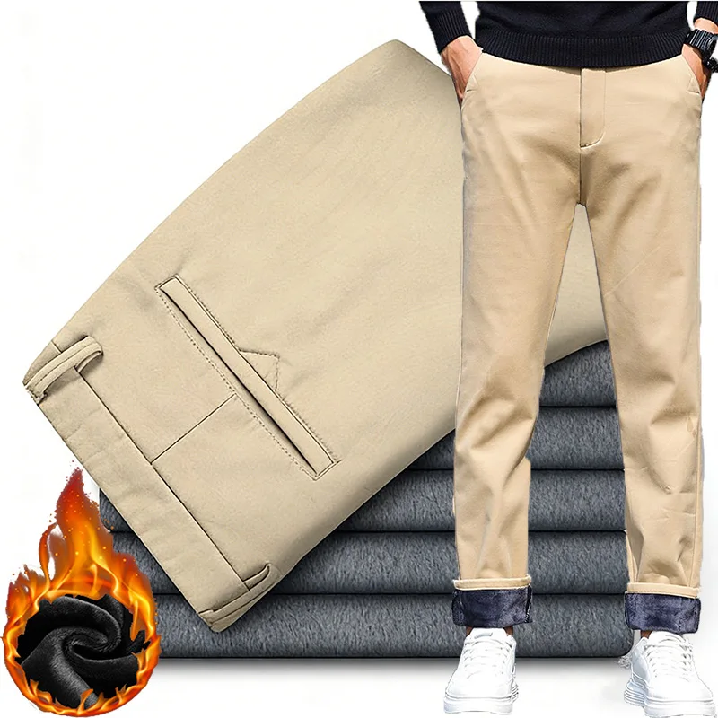 

Winter Casual Men Thermal Classic Business Trousers Snow Warm Plush Fleece Pants Male Straight Leg Slim Fit Light Gray Pants