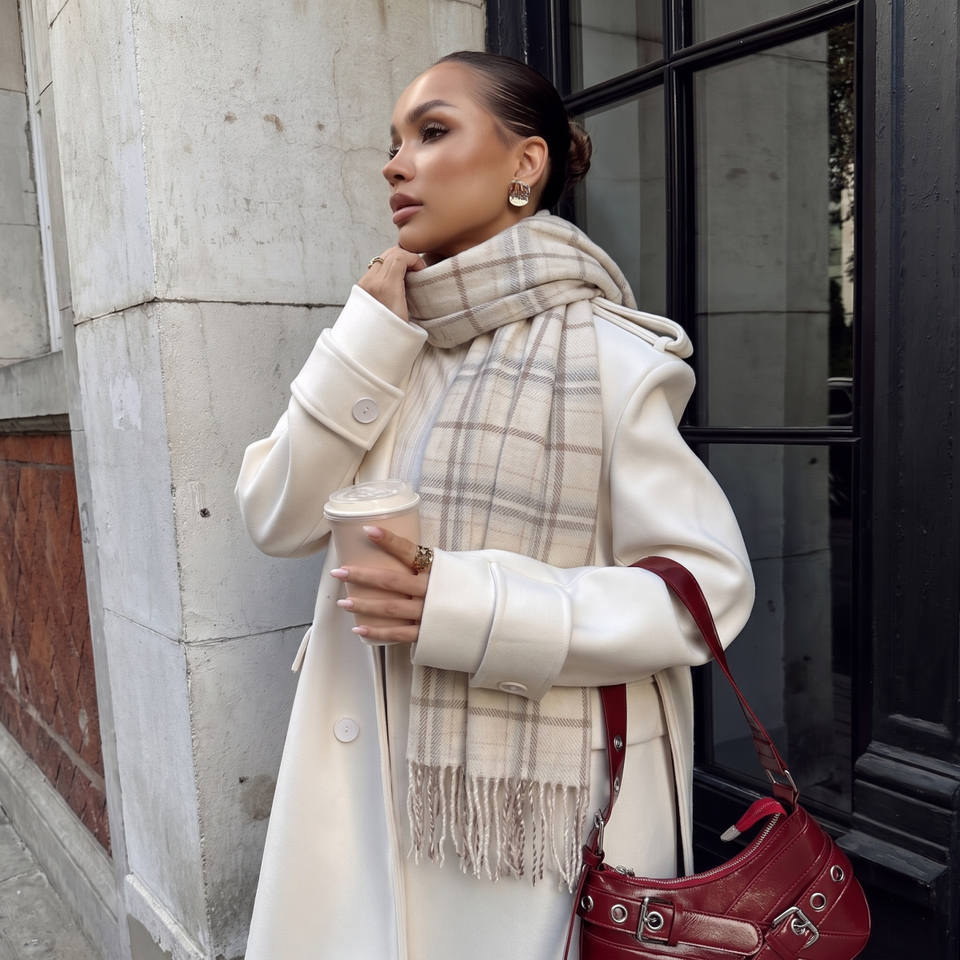 Women Acrylic Fine Plaid Long Scarf With Tassel Fringe Soft Lightweight Thin Checkered Shawl Oversized Wrap Scarves For Ladies
