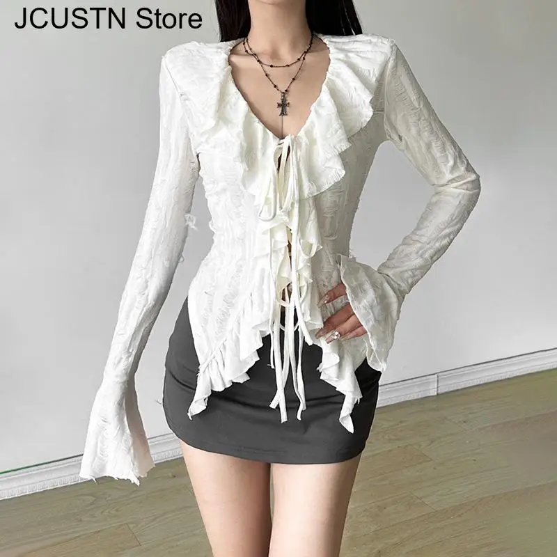 Y2K Aesthetic Clothing Women Gothic Ruffled V Neck Shirt Flared Long Sleeve Ripped Blouse White Clothes Shirt Spring Top