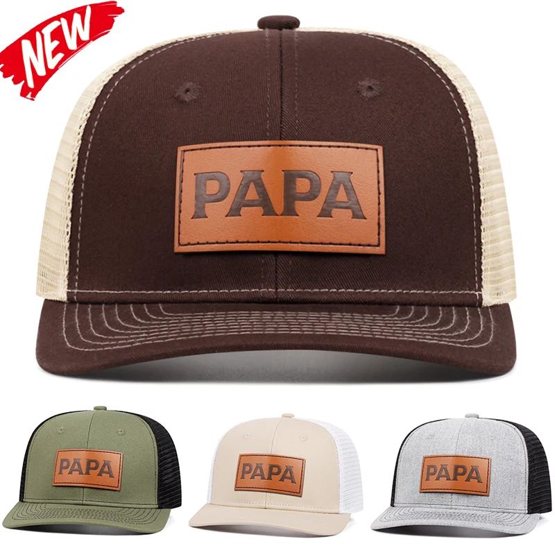 Fashion Men\'s PAPA Leather Label Mesh Hat Adjustable Street Dance Baseball Hat Summer Unisex Fisherman Fishing Hat Truck Cap