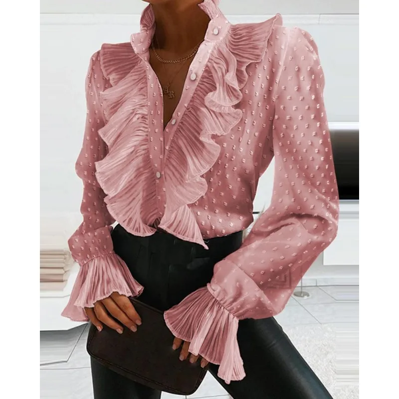 2024 Spring Summer New Solid Color Women\'s V-neck Pleated Long Sleeve Shirt Ruffle Top Shirt Blouse Tops