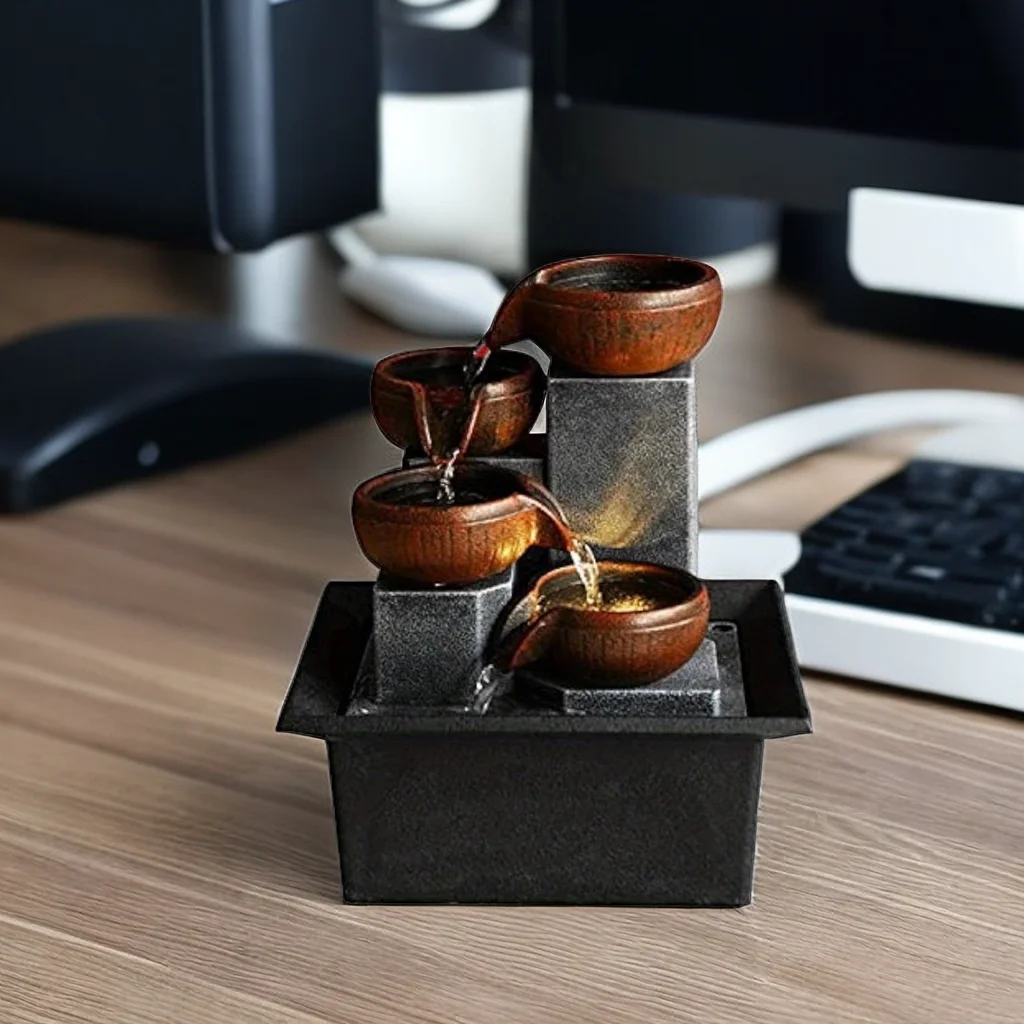 USB Desktop Water Fountain Ornamento, Tabletop plástico, Artesanato interior, Casa, Decoração do quarto, Feng Shui, Rockery