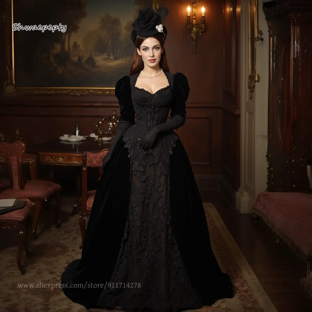 Medieval Black Gothic Prom Dress Half Sleeves Velvet And Lace A-Line Vintage Victorian Evening Gowns Customized Masquerade Wear
