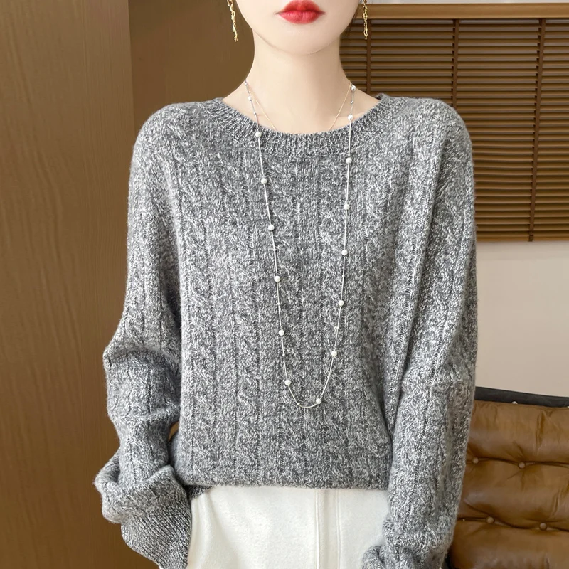 

Новинка осени/зимы 2025 года, женская одежда, свитер из 100% мериносовой шерсти с круглым вырезом, модный вязаный теплый пуловер с длинными рукавами для женщин