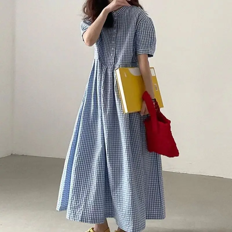 

Summer Check Puff Sleeve Loose Half-sleeve Long Dress Overseas Travel, Getaway Korean Retro Temperament Loose Casual Dress Women