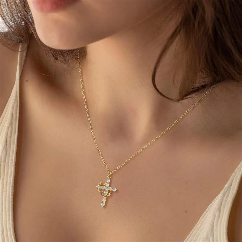 Exquisite Zircon Cross Pendant Necklace for Women Trendy Light Luxury Gold Color Rotatable Crown Necklace Jewelry Wholesale
