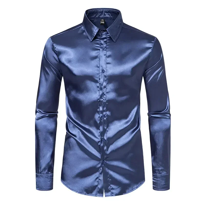 

Spring And Autumn Men's Luxury Shirts Slim Fashion Silk Smooth Tuxedo Shirt Solid Party Prom Business Casual Shirt