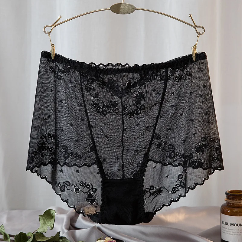 2XL Large Size Quick Drying Women Underwear Sexy Lace Briefs Female High Waist Thin Elastic Mesh Transparent Ice Silk Pantie A59