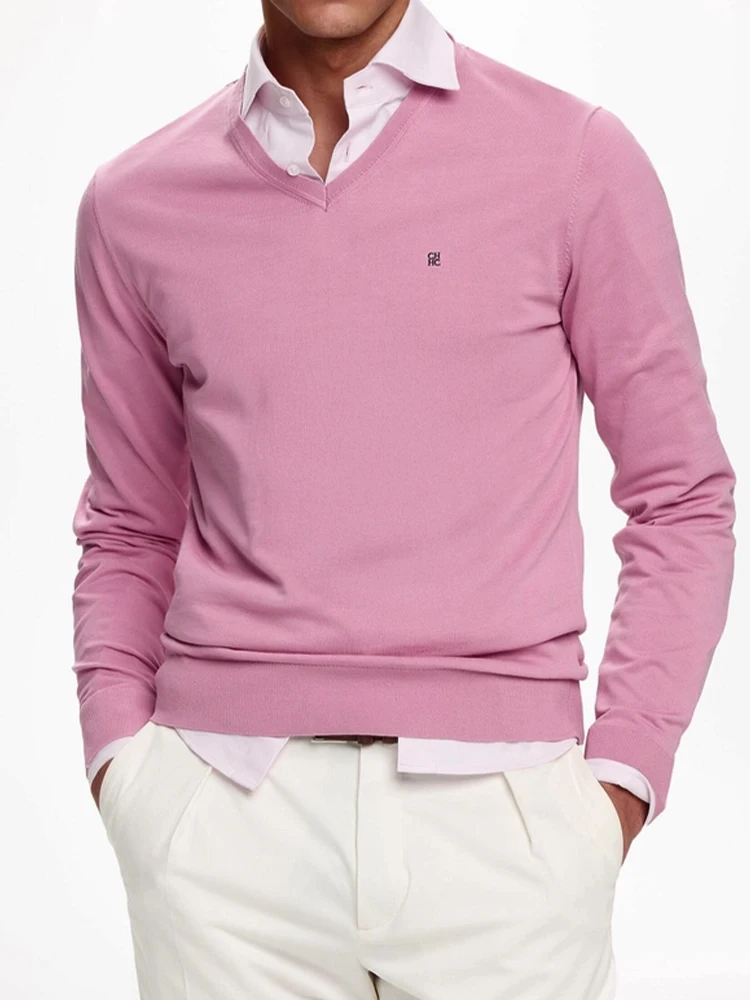 CH Herren V-Ausschnitt Pullover Slim Fit Langarm Strickpullover mit Kleiner Stickerei Business Casual Oberteil – Detail 1