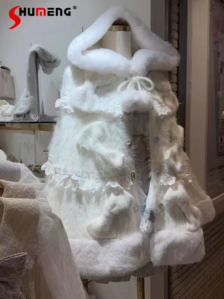 

Liz Ponchos 2025 New Japanese Sweet Girl's Bow Plush Warm Thickened Lolita Knit Hooded Cloak Autumn Winter Princess Cape Jacket