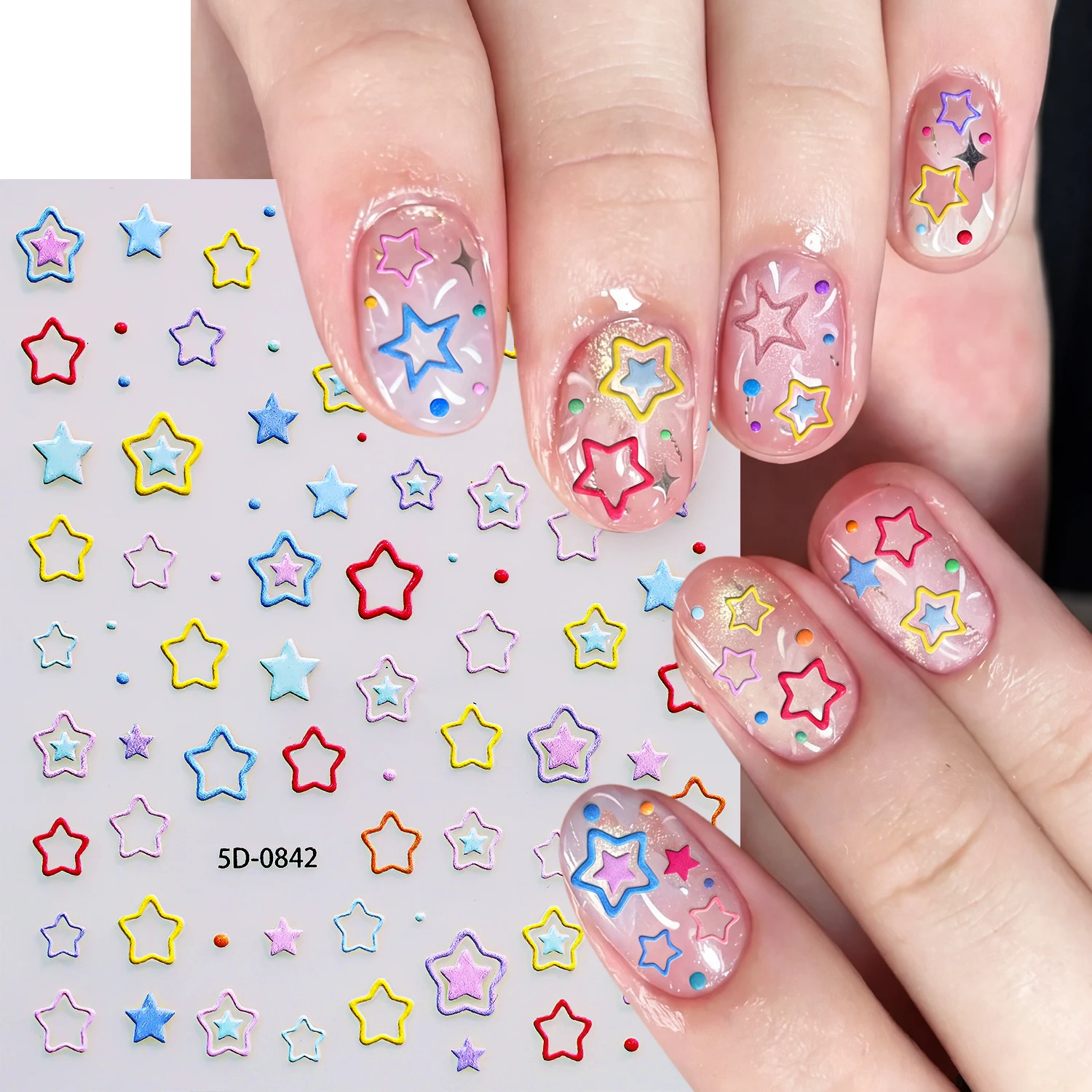 1/2Pcs 5D Macaron Star Polk Dot Nail Stickers Hollow Outline  Y2K Five Pointed Stars Nails Decals Sweet Pentagrm Manicure Slider