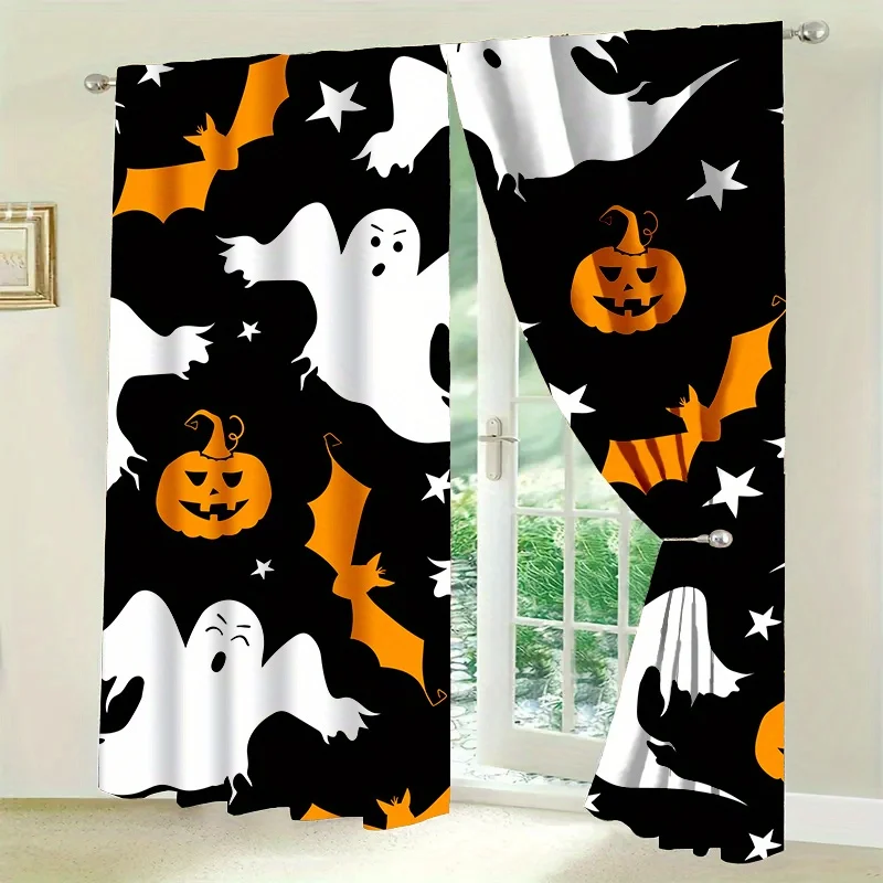 2PCS Digital Print Curtains, Halloween Bat Pumpkin, Halloween Decor