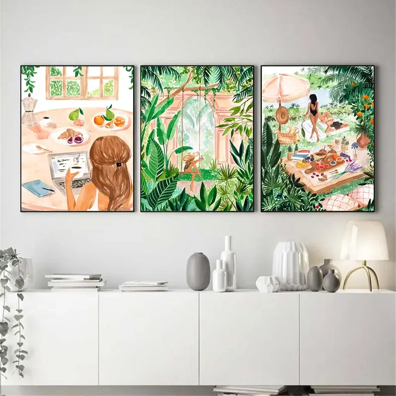 Beach Pool Moroccan Tropical Jungle Swing Meadow Wall Art Canvas Painting Posters and Prints Wall Pictures for Living Room De