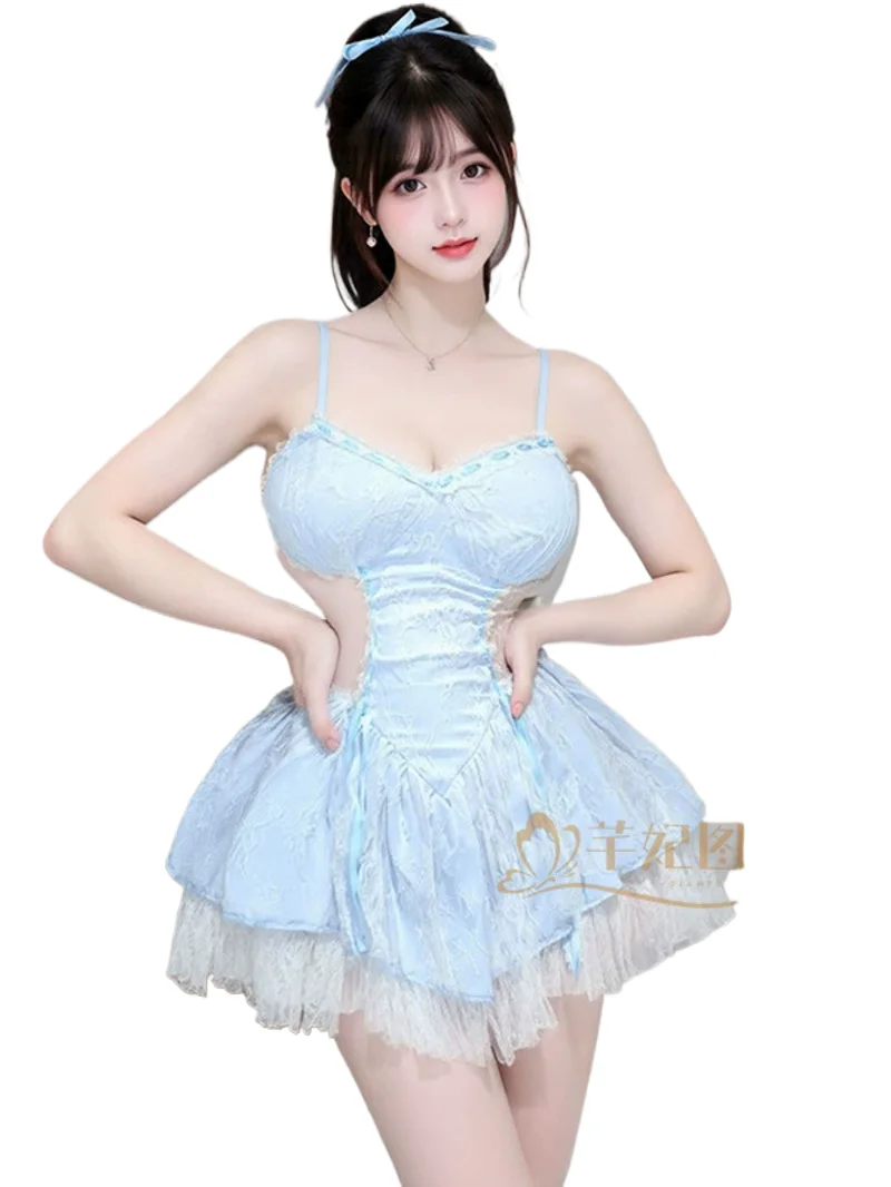 

Sexy Suspender Dress Elegant Women's Sweet Pure Desire Lace Hollow Out Slimming Fluffy Dress Blue Sweet Mini Dress Tops TQE8