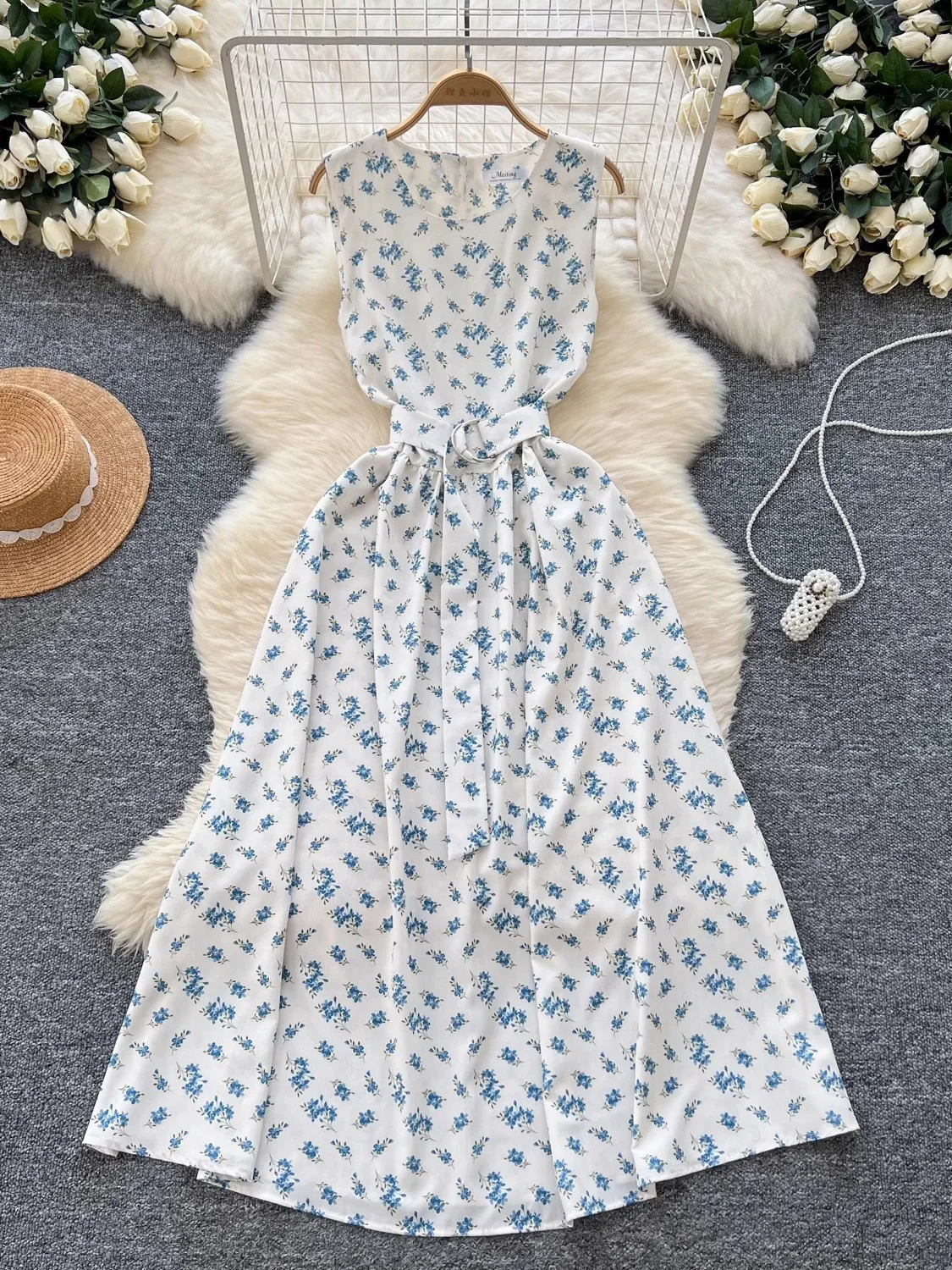 Summer Vintgae Women Floral Printed Long Dress Elegant Round Neck Sleeveless High Waist A-Line Casual Vestidos Female Robe New