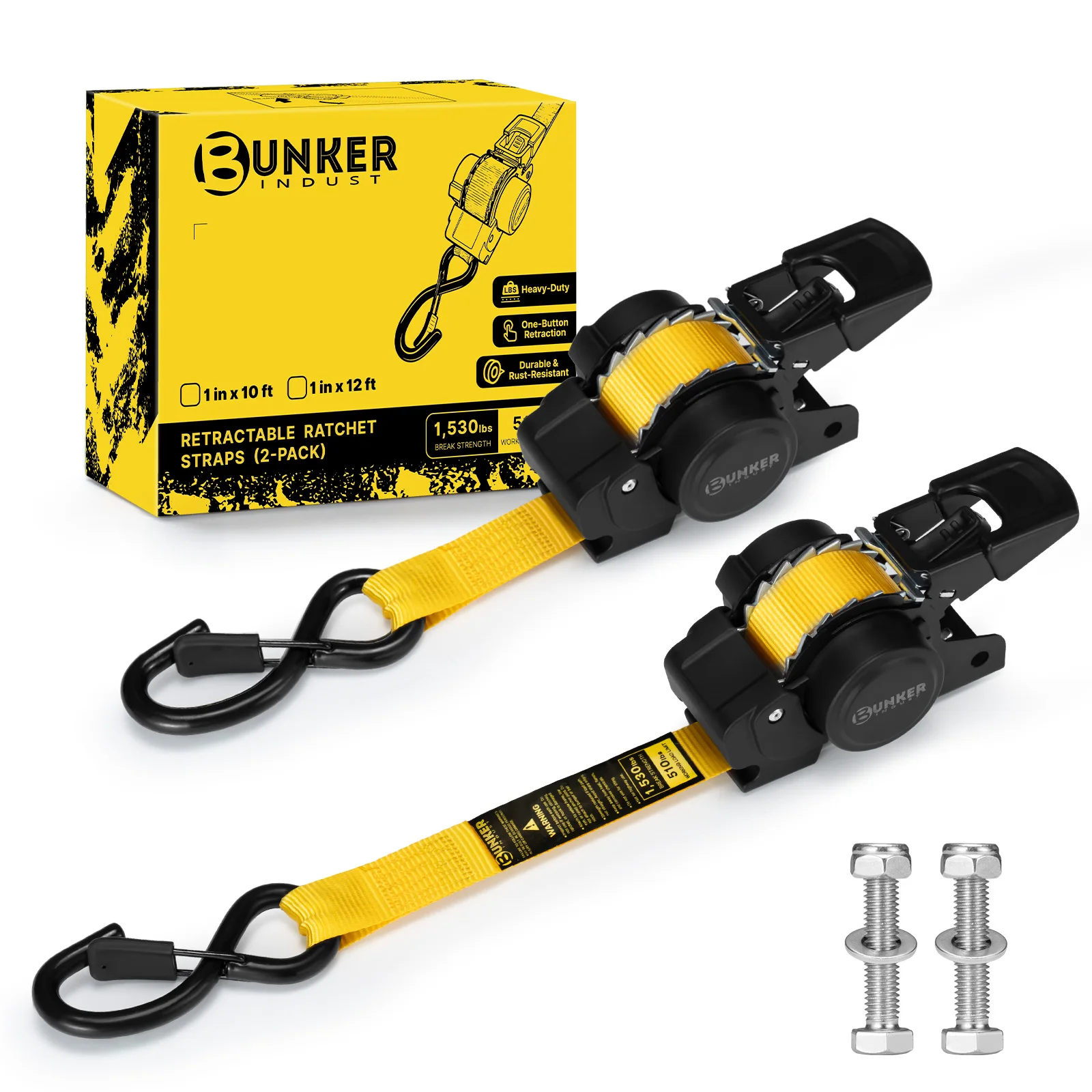 BUNKER INDUST Auto Retractable Ratchet Tie Down Straps 10ft 1530lbs Break Strength with Safety Clips for Trailer Truck ATV