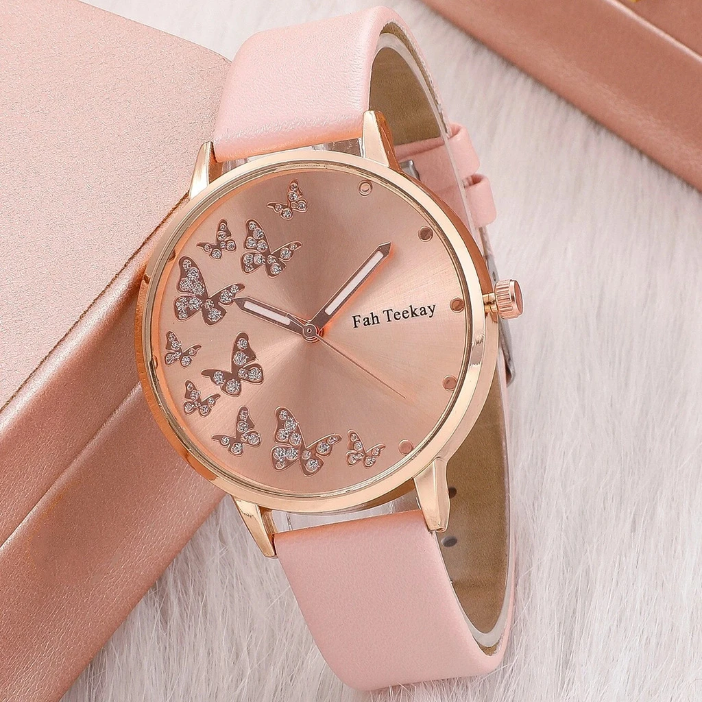 2pcs/set fashion Butterfly pattern rhinestone pu leather women wrist watch