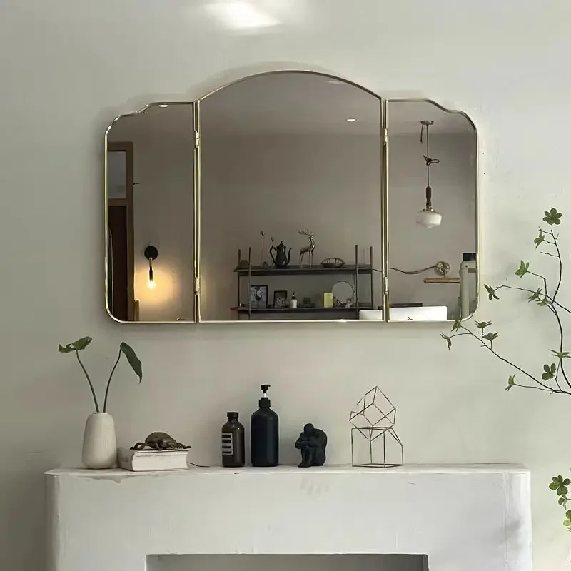 French retro stainless steel tri-fold mirror bathroom  makeup hovering folding dressing
