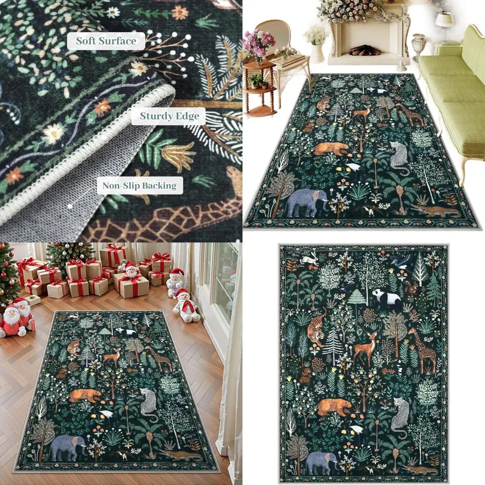 

Green 5x7 Jungle Print Rugs, Soft and Washable for Living Room, Ultra-Thin Non-Slip Modern Style, Stain Resistant Carpets for Ki