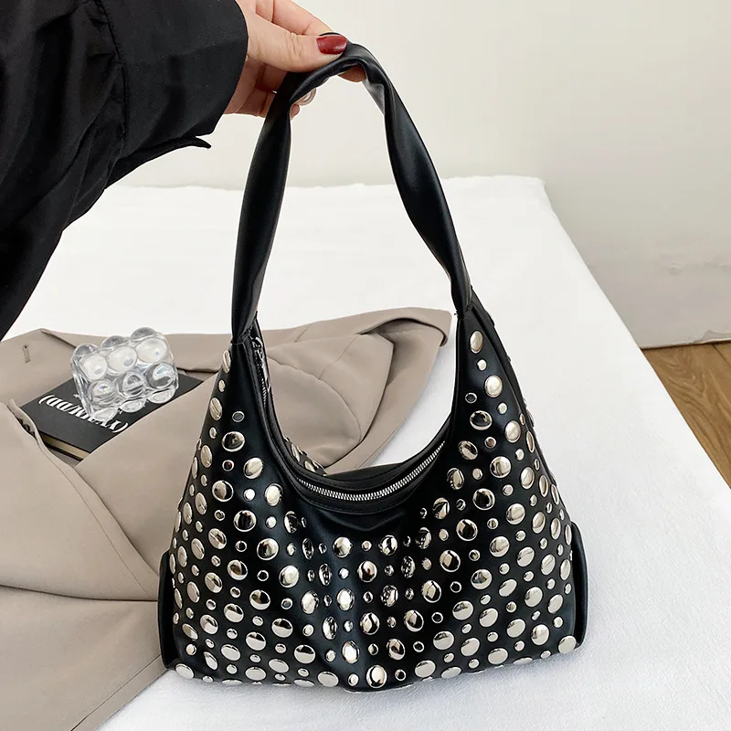 

2026 Niche Studded Underarm Bucket Bag, Women's Vintage Commuter Shoulder Purse, Day to Night Crossbody, Top Handle Tote