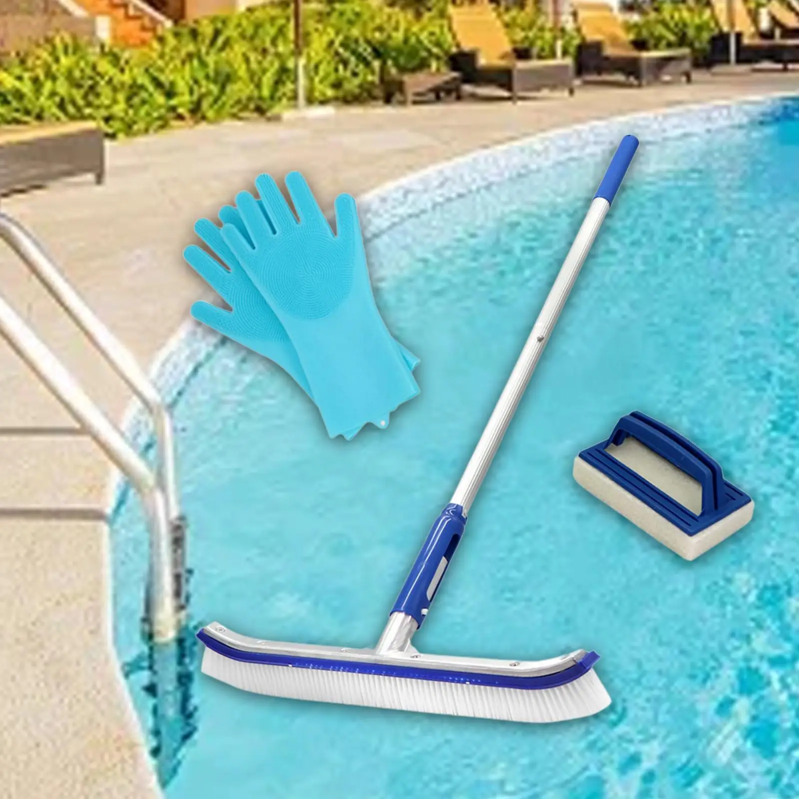 

44cm Pool Cleaning Brush with Aluminum Pole Set Telescopic Simple Installation for Pool Walls Tiles Floors Multipurpose