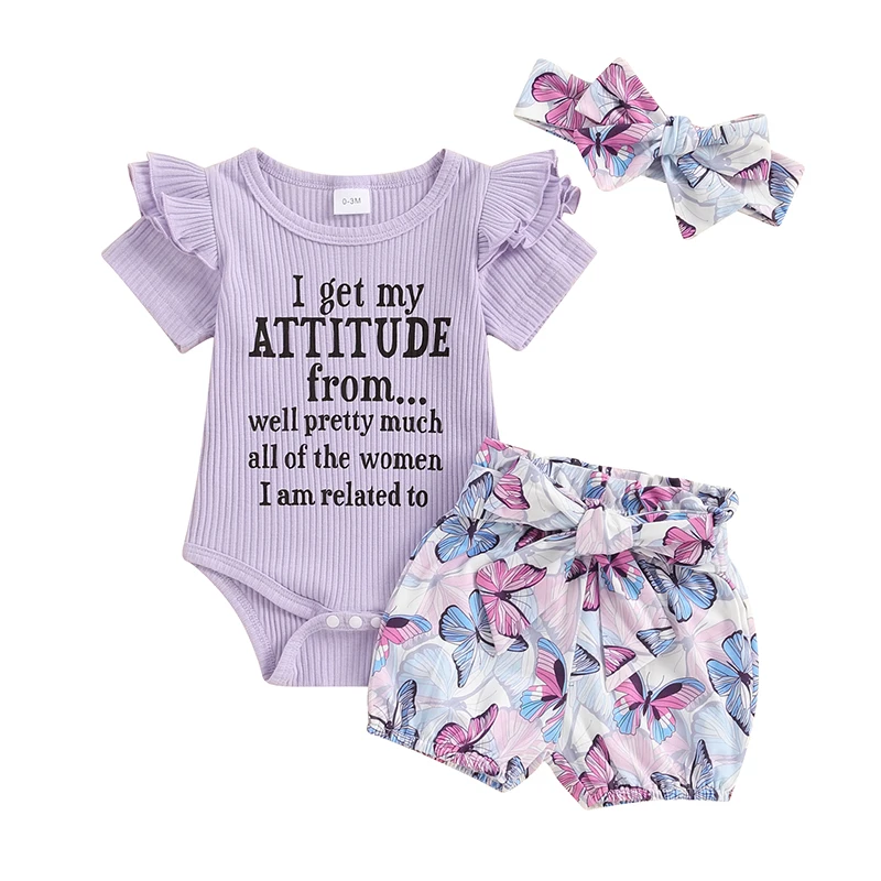 

Baby Girls 3Pcs Summer Outfit Short Sleeve Romper + Butterfly Print Shorts + Headband Set Newborn Clothes
