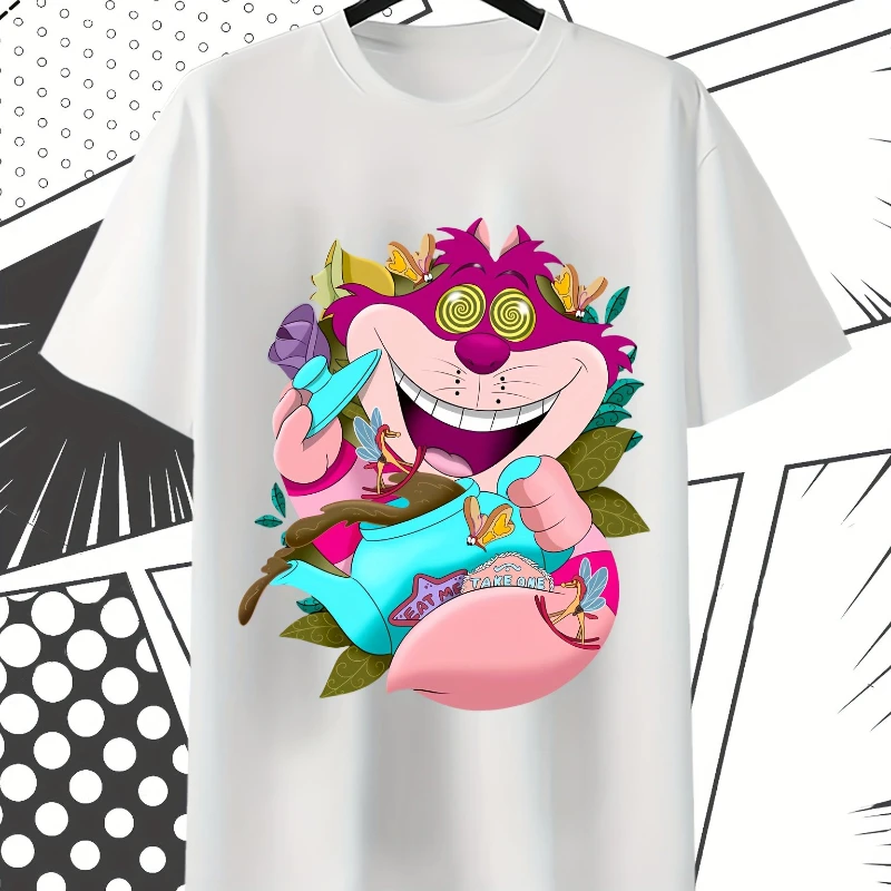 تي شيرت صيفي للرجال من Disney Alice in Wonderland Cheshire Cat - زجاجة دواء أليس باللون الوردي والأخضر الفاتح وطباعة قطة مبتسمة #2