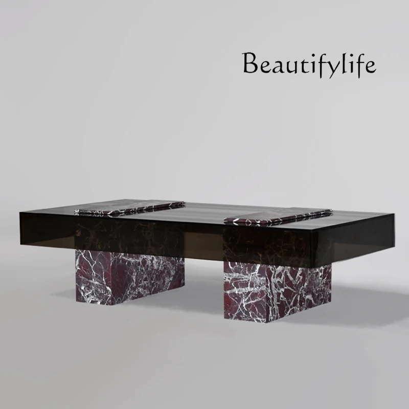 

Italian light luxury square small apartment designer modern minimalist marble tempered glass coffee table