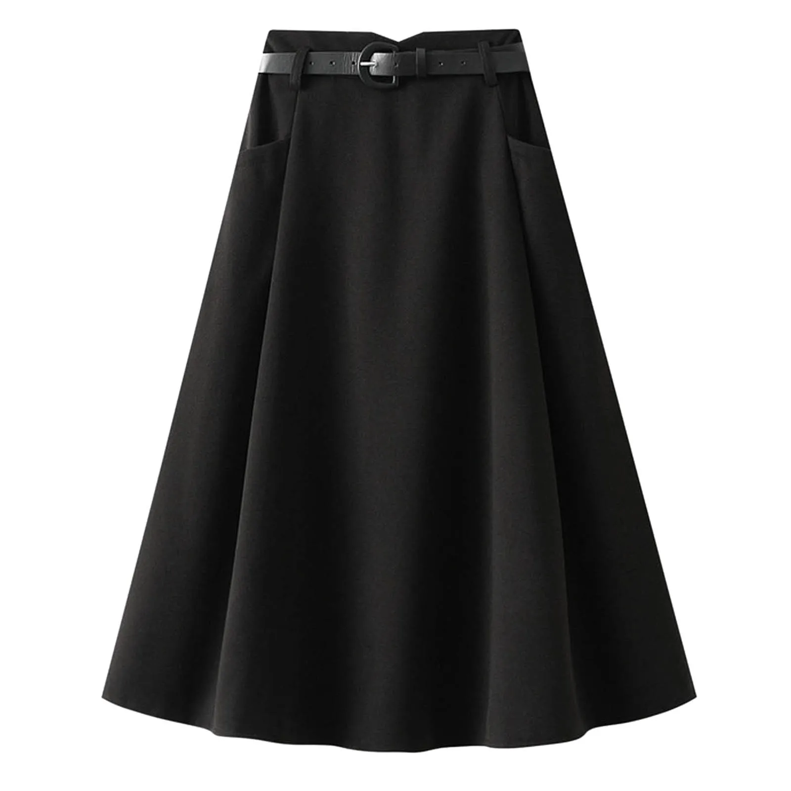 Women's High Waist Pleated A Line Mid Length Umbrella Skirts Solid Color Simplicity Vintage Casual Half Length Skirt With Pocket